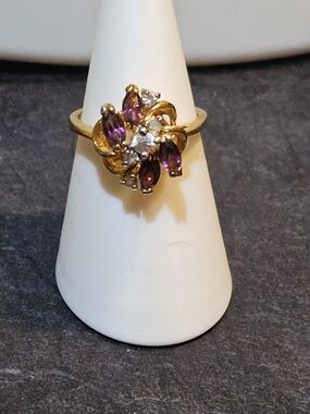 Gold Ring with Purple Gemstones and Clear Accents, Vintage Inspired. Size 8
